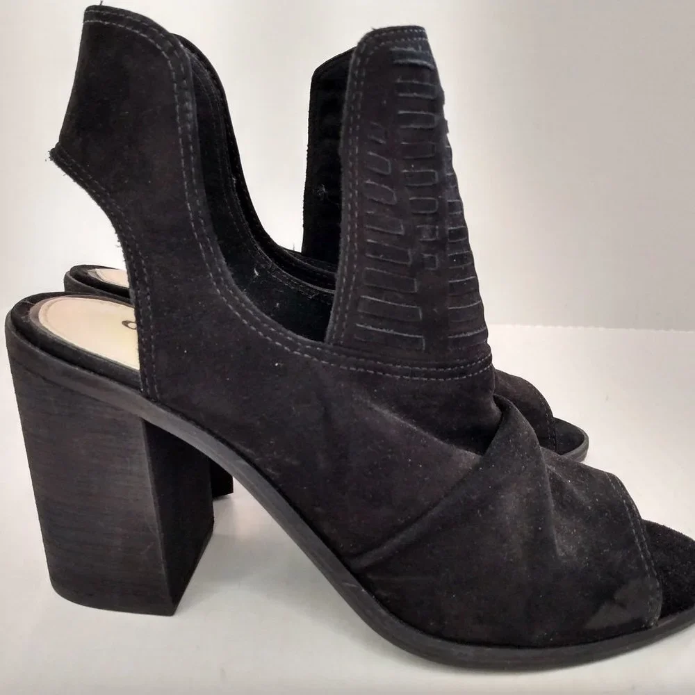 Gianni Bini Booties Size 8 M Black Suede Leather Open-Toed Shoe High Block Heel